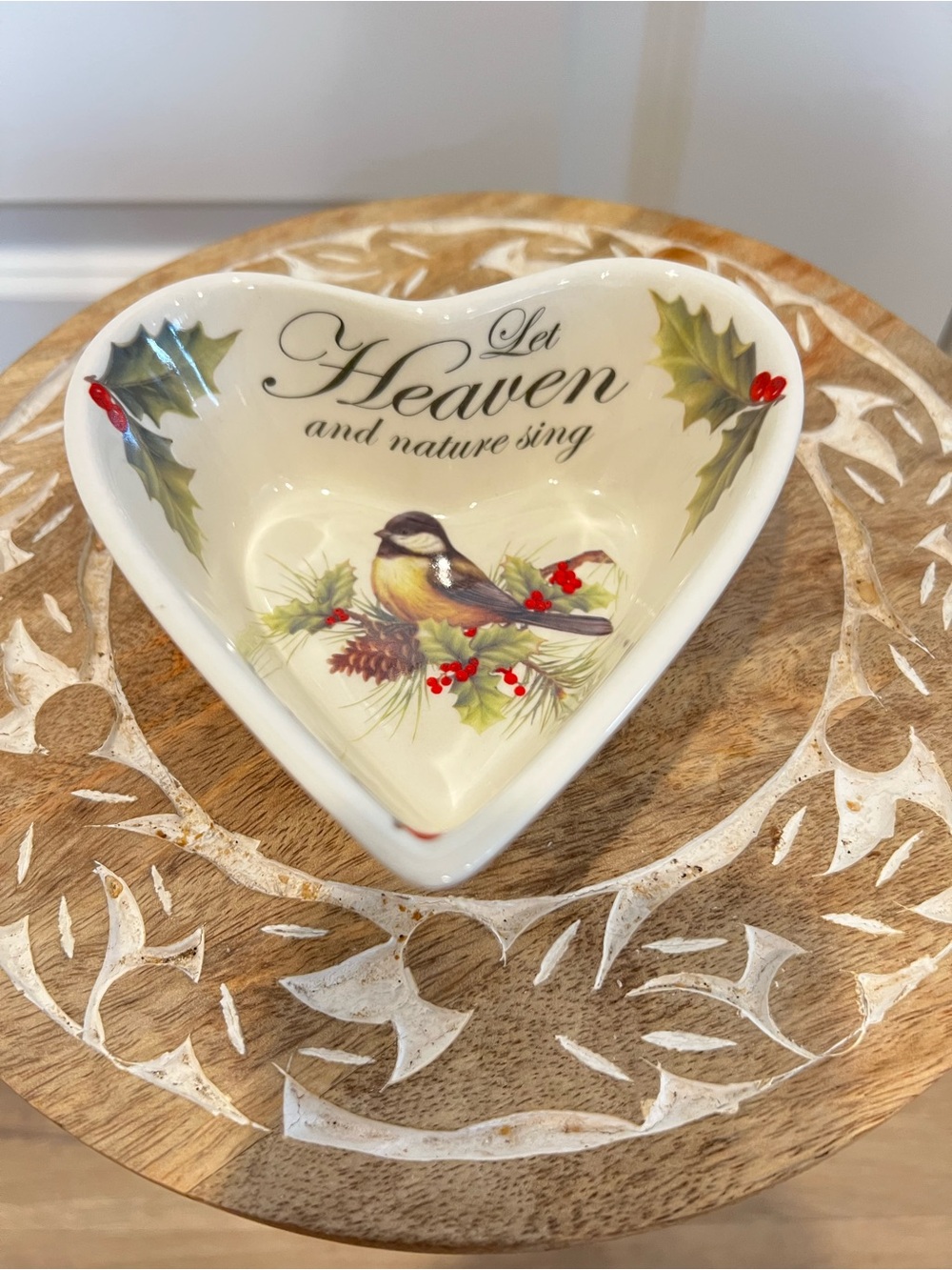 Cracker Barrel Heart-Shaped Ceramic Dish with Bird & Holly